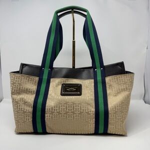 Tommy Hilfiger Beige Monogram Tote Bag Canvas Leather Trim Green Navy Strap